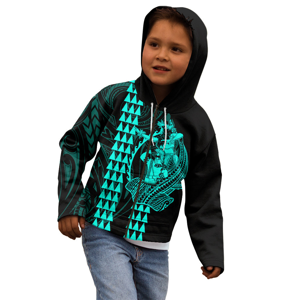 Polynesian Kid Hoodie Hawaiian Warrior and Aloha Girl With Hammerhead Shark Tattoos Turquoise LT6 - Wonder Print Shop
