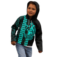 Polynesian Kid Hoodie Hawaiian Warrior and Aloha Girl With Hammerhead Shark Tattoos Turquoise LT6 - Wonder Print Shop
