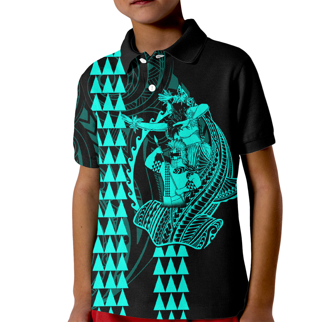 Polynesian Kid Polo Shirt Hawaiian Warrior and Aloha Girl With Hammerhead Shark Tattoos Turquoise LT6 - Wonder Print Shop