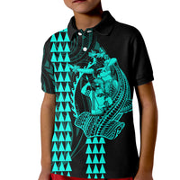 Polynesian Kid Polo Shirt Hawaiian Warrior and Aloha Girl With Hammerhead Shark Tattoos Turquoise LT6 - Wonder Print Shop