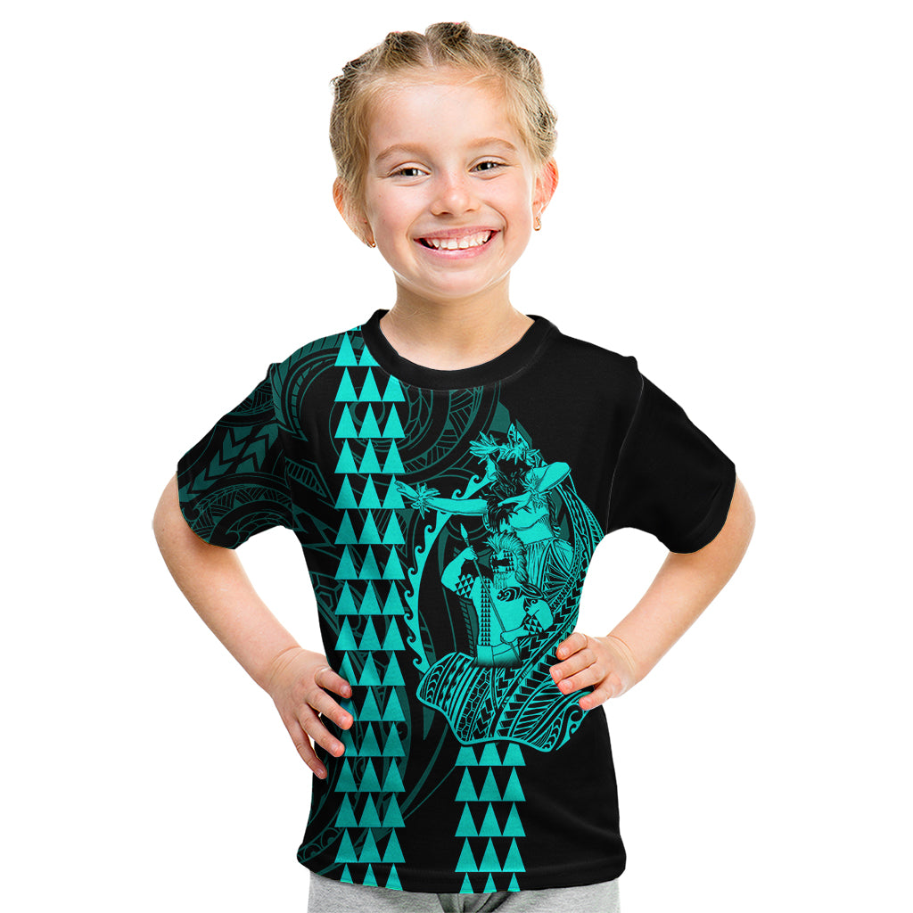 Polynesian Kid T Shirt Hawaiian Warrior and Aloha Girl With Hammerhead Shark Tattoos Turquoise LT6 - Wonder Print Shop
