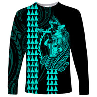 Polynesian Long Sleeve Shirt Hawaiian Warrior and Aloha Girl With Hammerhead Shark Tattoos Turquoise LT6 - Wonder Print Shop