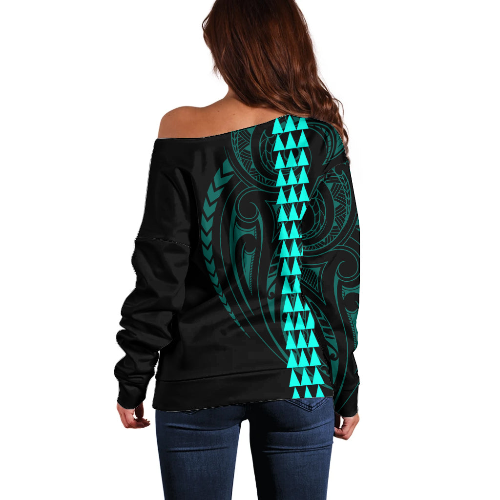 Polynesian Off Shoulder Sweater Hawaiian Warrior and Aloha Girl With Hammerhead Shark Tattoos Turquoise LT6 - Wonder Print Shop