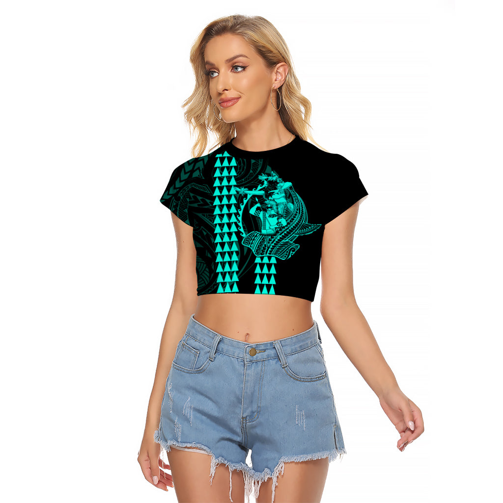 Polynesian Raglan Cropped T Shirt Hawaiian Warrior and Aloha Girl With Hammerhead Shark Tattoos Turquoise LT6 - Wonder Print Shop