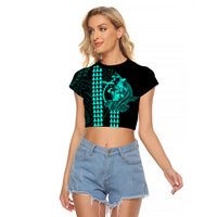Polynesian Raglan Cropped T Shirt Hawaiian Warrior and Aloha Girl With Hammerhead Shark Tattoos Turquoise LT6 - Wonder Print Shop