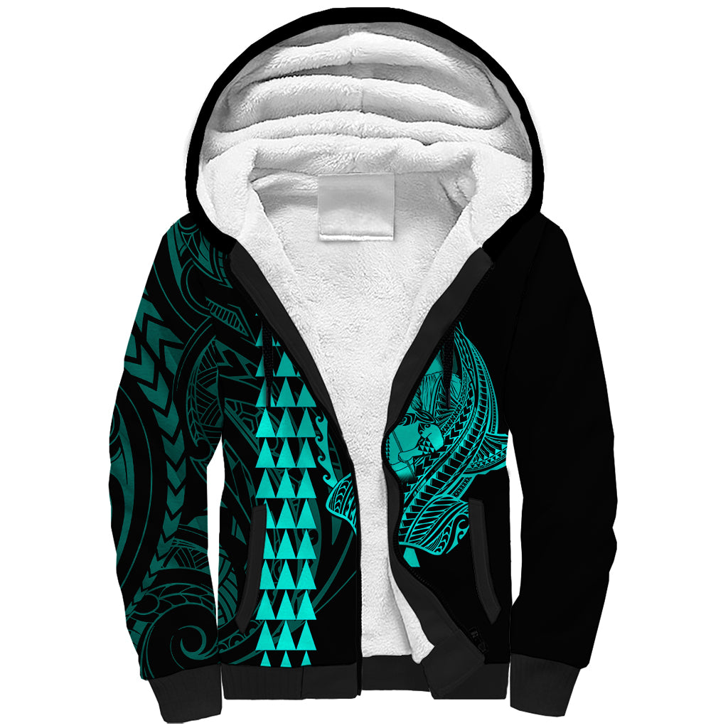 Polynesian Sherpa Hoodie Hawaiian Warrior and Aloha Girl With Hammerhead Shark Tattoos Turquoise LT6 - Wonder Print Shop