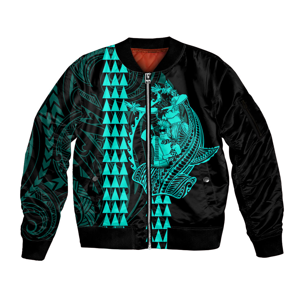 Polynesian Sleeve Zip Bomber Jacket Hawaiian Warrior and Aloha Girl With Hammerhead Shark Tattoos Turquoise LT6 - Wonder Print Shop