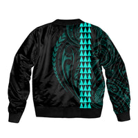 Polynesian Sleeve Zip Bomber Jacket Hawaiian Warrior and Aloha Girl With Hammerhead Shark Tattoos Turquoise LT6 - Wonder Print Shop