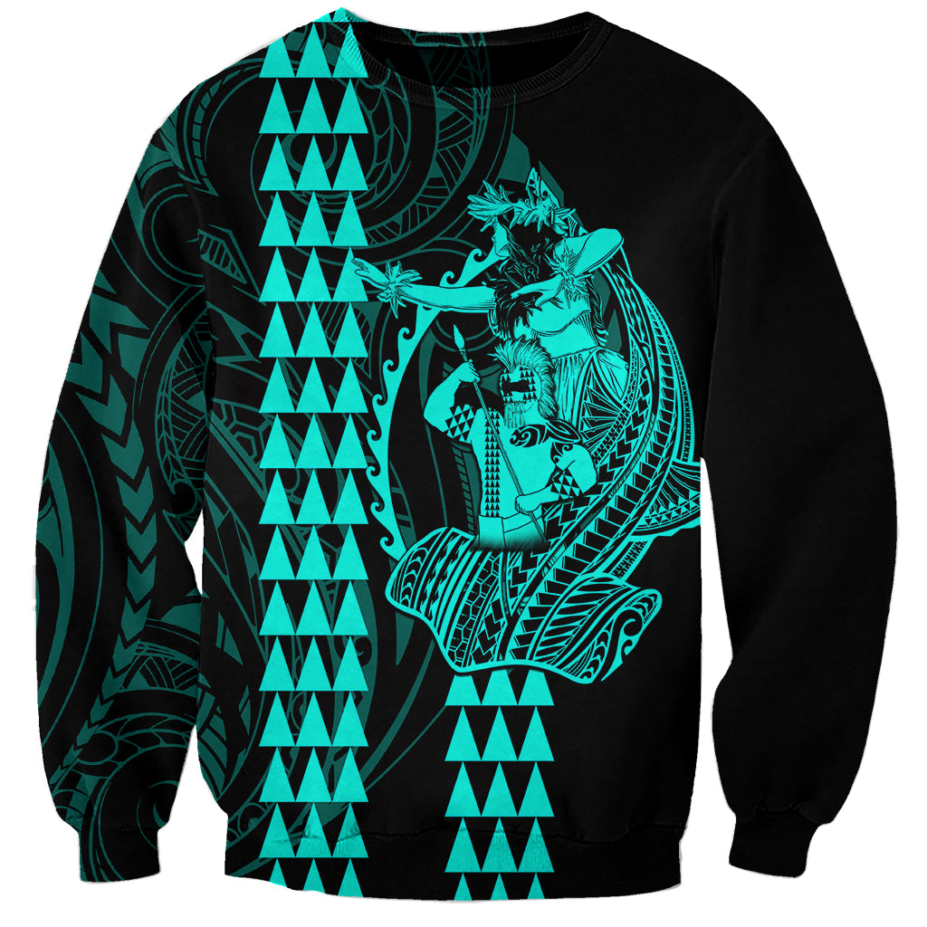 Polynesian Sweatshirt Hawaiian Warrior and Aloha Girl With Hammerhead Shark Tattoos Turquoise LT6 - Wonder Print Shop