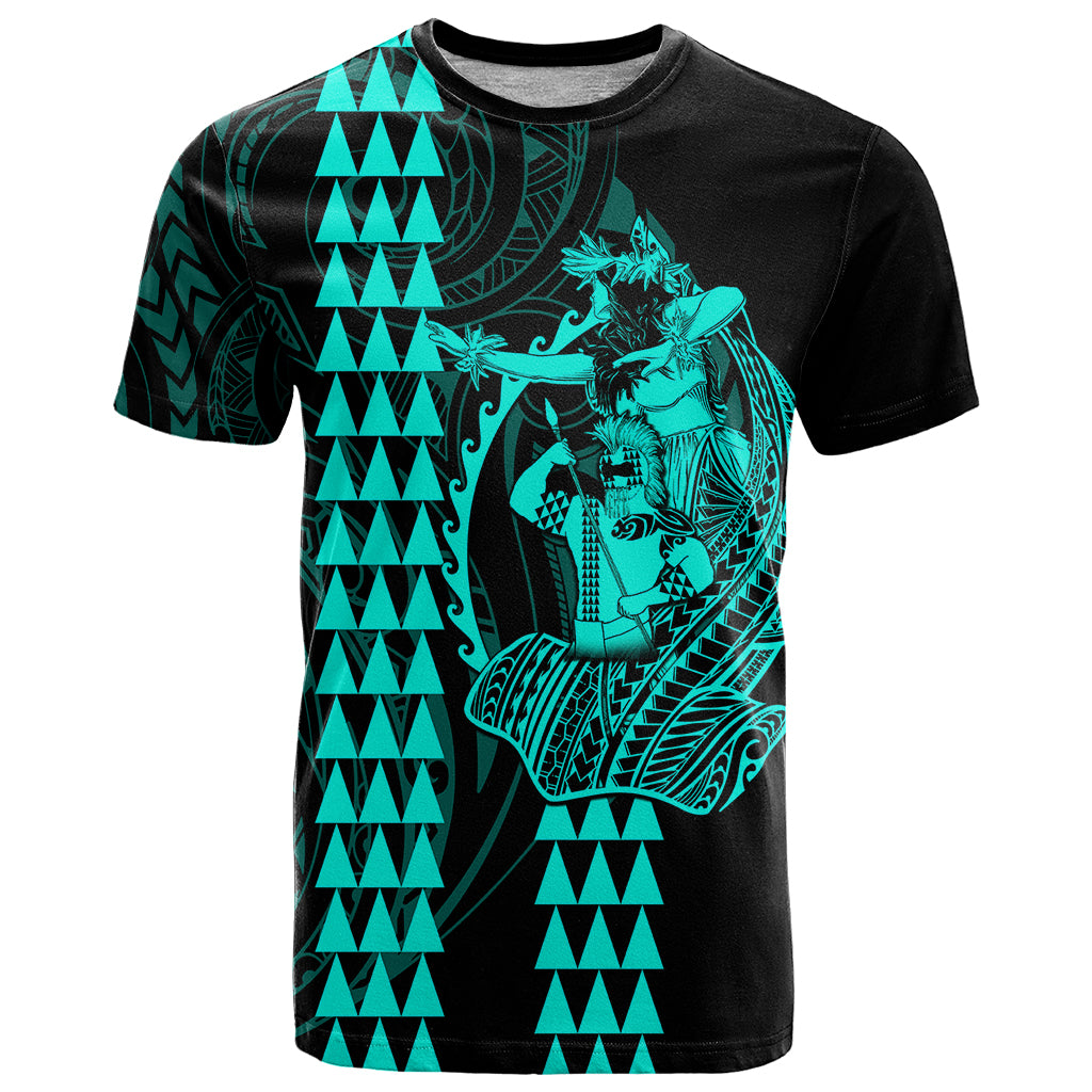 Polynesian T Shirt Hawaiian Warrior and Aloha Girl With Hammerhead Shark Tattoos Turquoise LT6 - Wonder Print Shop