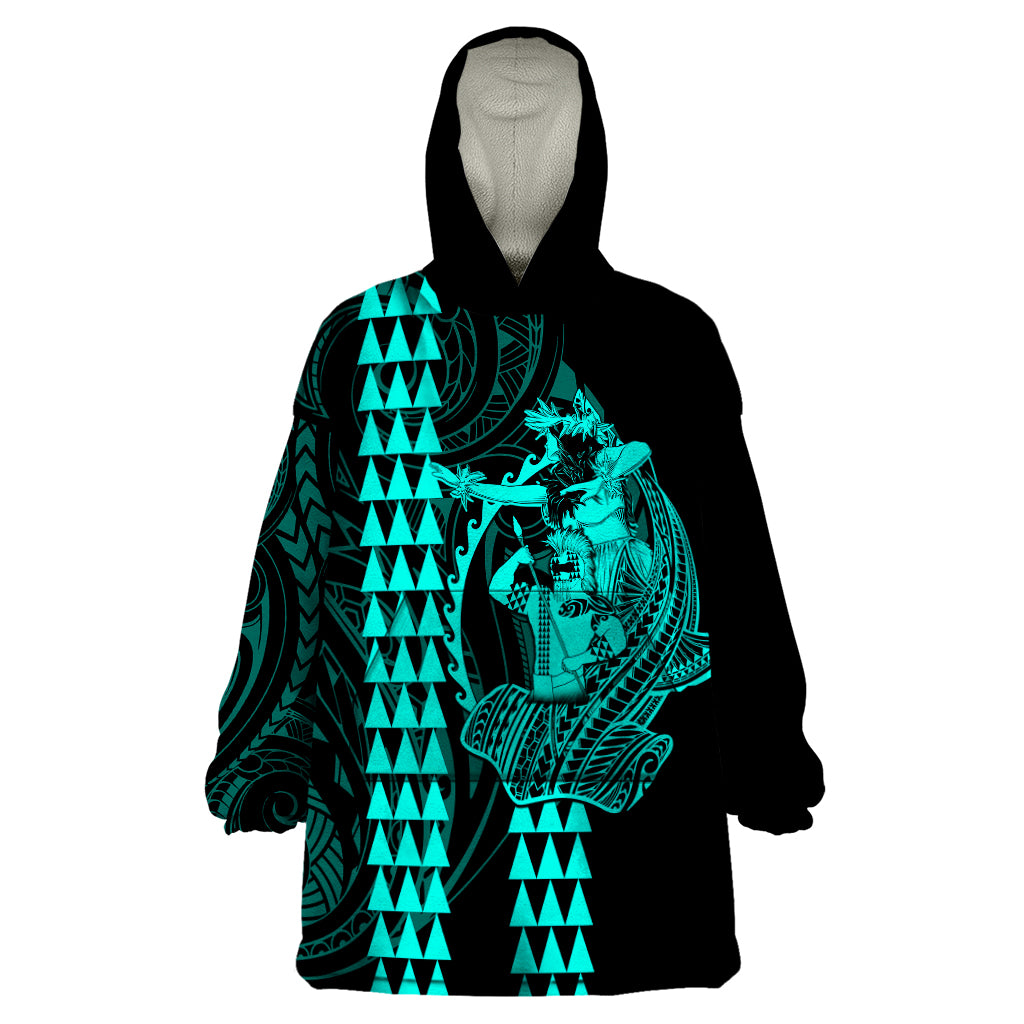 Polynesian Wearable Blanket Hoodie Hawaiian Warrior and Aloha Girl With Hammerhead Shark Tattoos Turquoise LT6 - Wonder Print Shop