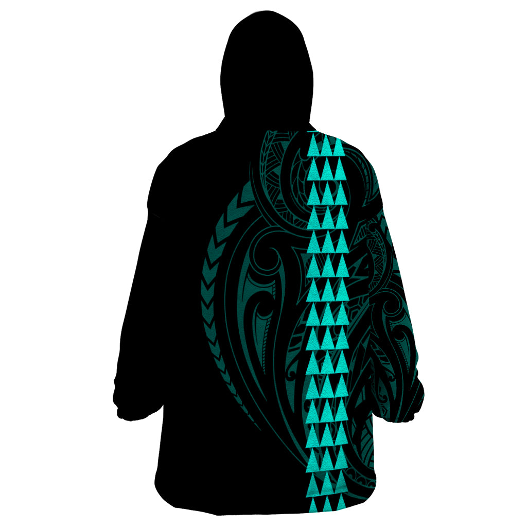 Polynesian Wearable Blanket Hoodie Hawaiian Warrior and Aloha Girl With Hammerhead Shark Tattoos Turquoise LT6 - Wonder Print Shop