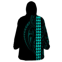 Polynesian Wearable Blanket Hoodie Hawaiian Warrior and Aloha Girl With Hammerhead Shark Tattoos Turquoise LT6 - Wonder Print Shop