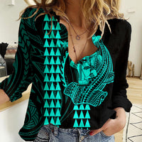 Polynesian Women Casual Shirt Hawaiian Warrior and Aloha Girl With Hammerhead Shark Tattoos Turquoise LT6 - Wonder Print Shop