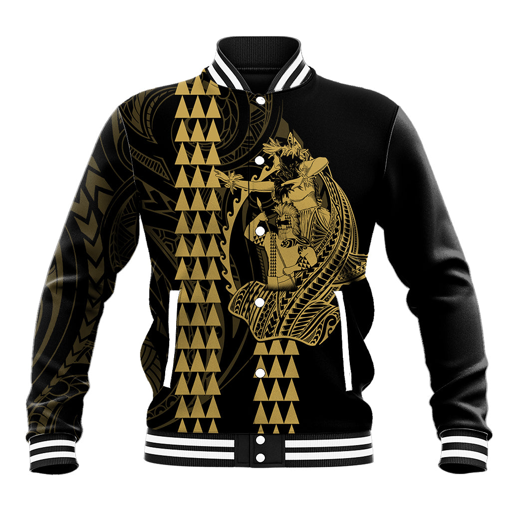 Polynesian Baseball Jacket Hawaiian Warrior and Aloha Girl With Hammerhead Shark Tattoos Gold LT6 - Wonder Print Shop
