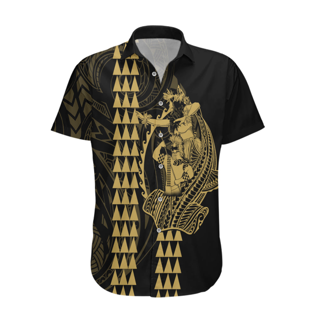 Polynesian Hawaiian Shirt Hawaiian Warrior and Aloha Girl With Hammerhead Shark Tattoos Gold LT6 - Wonder Print Shop