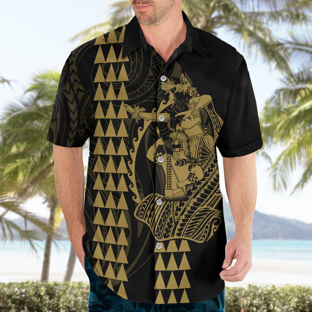 Polynesian Hawaiian Shirt Hawaiian Warrior and Aloha Girl With Hammerhead Shark Tattoos Gold LT6 - Wonder Print Shop