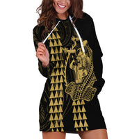 Polynesian Hoodie Dress Hawaiian Warrior and Aloha Girl With Hammerhead Shark Tattoos Gold LT6 - Wonder Print Shop