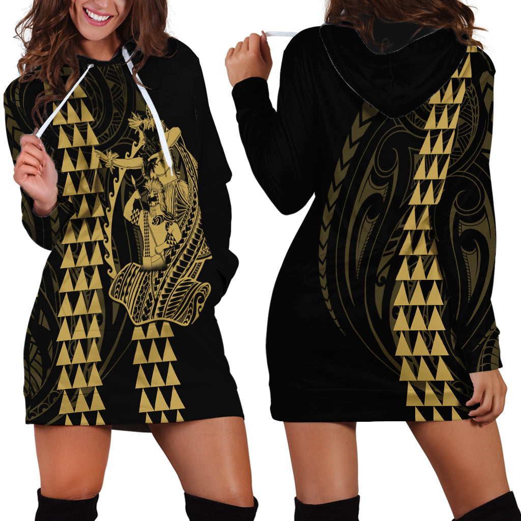 Polynesian Hoodie Dress Hawaiian Warrior and Aloha Girl With Hammerhead Shark Tattoos Gold LT6 - Wonder Print Shop