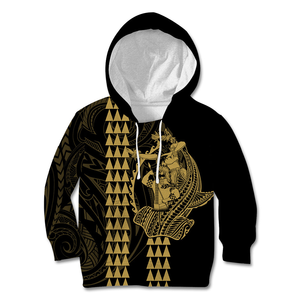 Polynesian Kid Hoodie Hawaiian Warrior and Aloha Girl With Hammerhead Shark Tattoos Gold LT6 - Wonder Print Shop