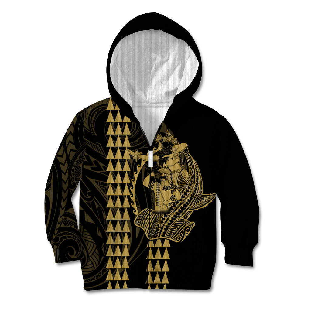 Polynesian Kid Hoodie Hawaiian Warrior and Aloha Girl With Hammerhead Shark Tattoos Gold LT6 - Wonder Print Shop