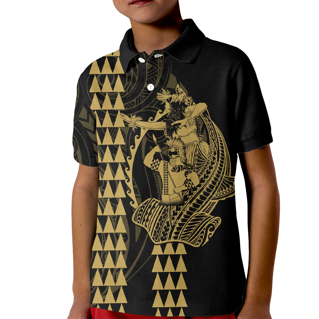 Polynesian Kid Polo Shirt Hawaiian Warrior and Aloha Girl With Hammerhead Shark Tattoos Gold LT6 - Wonder Print Shop