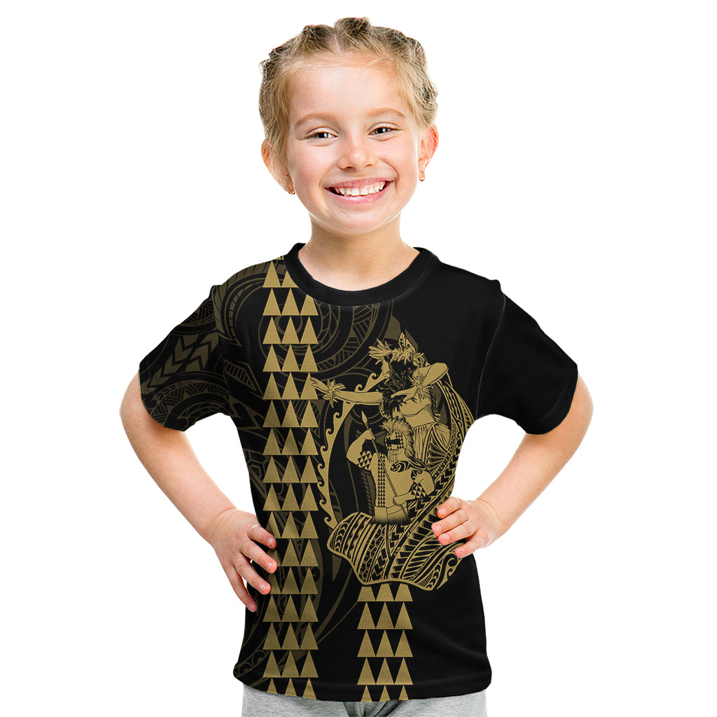 Polynesian Kid T Shirt Hawaiian Warrior and Aloha Girl With Hammerhead Shark Tattoos Gold LT6 - Wonder Print Shop