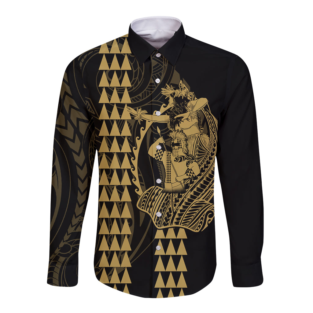 Polynesian Long Sleeve Button Shirt Hawaiian Warrior and Aloha Girl With Hammerhead Shark Tattoos Gold LT6 - Wonder Print Shop