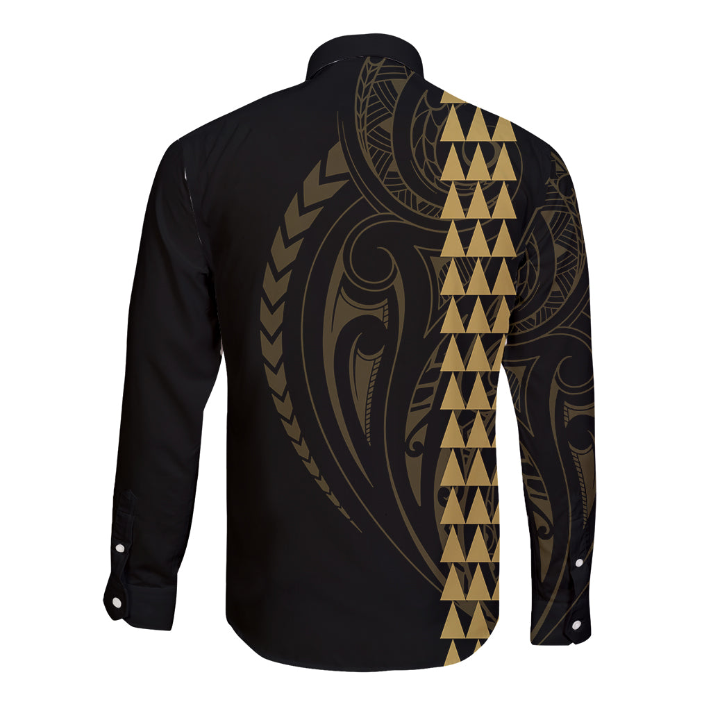 Polynesian Long Sleeve Button Shirt Hawaiian Warrior and Aloha Girl With Hammerhead Shark Tattoos Gold LT6 - Wonder Print Shop