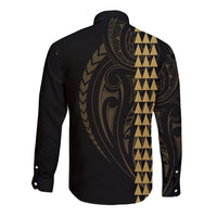Polynesian Long Sleeve Button Shirt Hawaiian Warrior and Aloha Girl With Hammerhead Shark Tattoos Gold LT6 - Wonder Print Shop