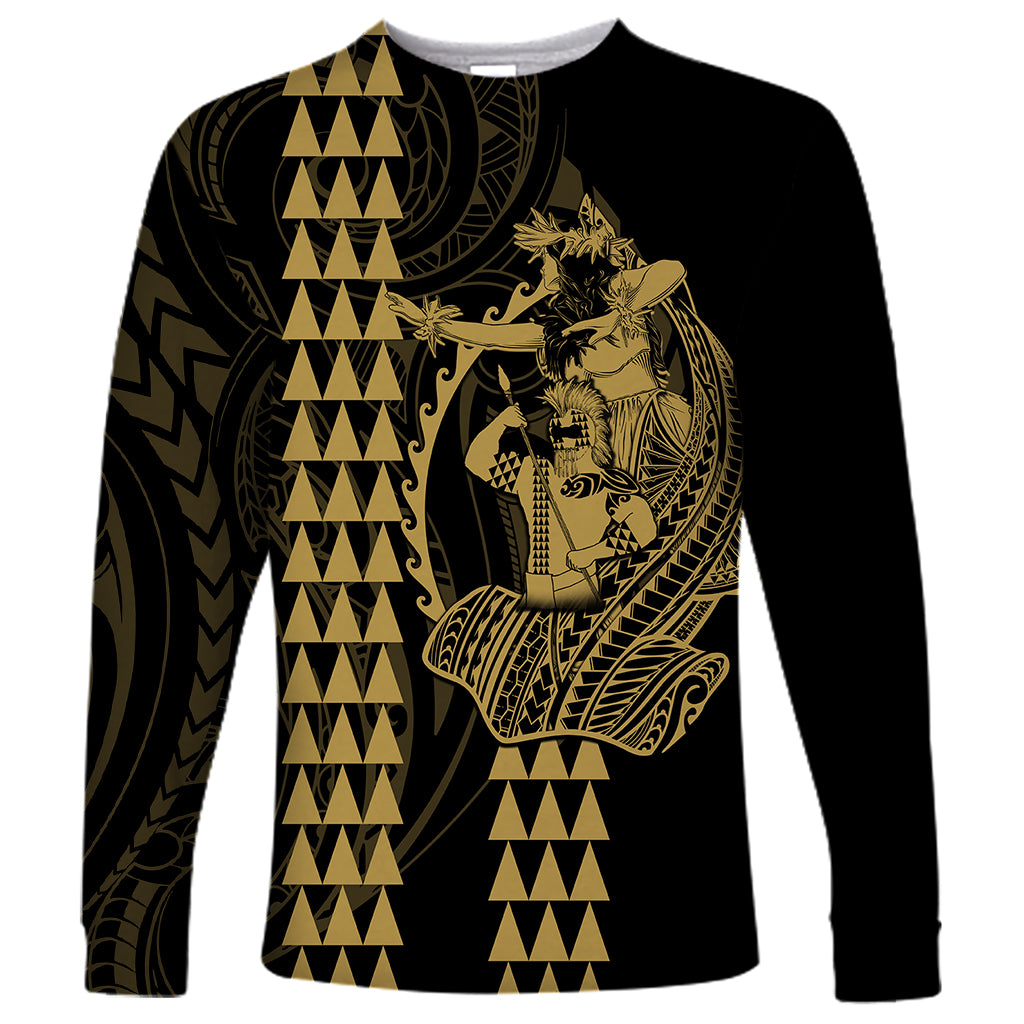 Polynesian Long Sleeve Shirt Hawaiian Warrior and Aloha Girl With Hammerhead Shark Tattoos Gold LT6 - Wonder Print Shop