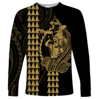 Polynesian Long Sleeve Shirt Hawaiian Warrior and Aloha Girl With Hammerhead Shark Tattoos Gold LT6 - Wonder Print Shop