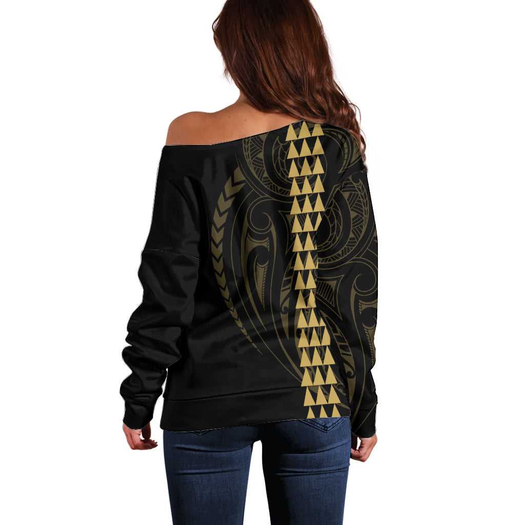 Polynesian Off Shoulder Sweater Hawaiian Warrior and Aloha Girl With Hammerhead Shark Tattoos Gold LT6 - Wonder Print Shop