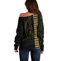 Polynesian Off Shoulder Sweater Hawaiian Warrior and Aloha Girl With Hammerhead Shark Tattoos Gold LT6 - Wonder Print Shop