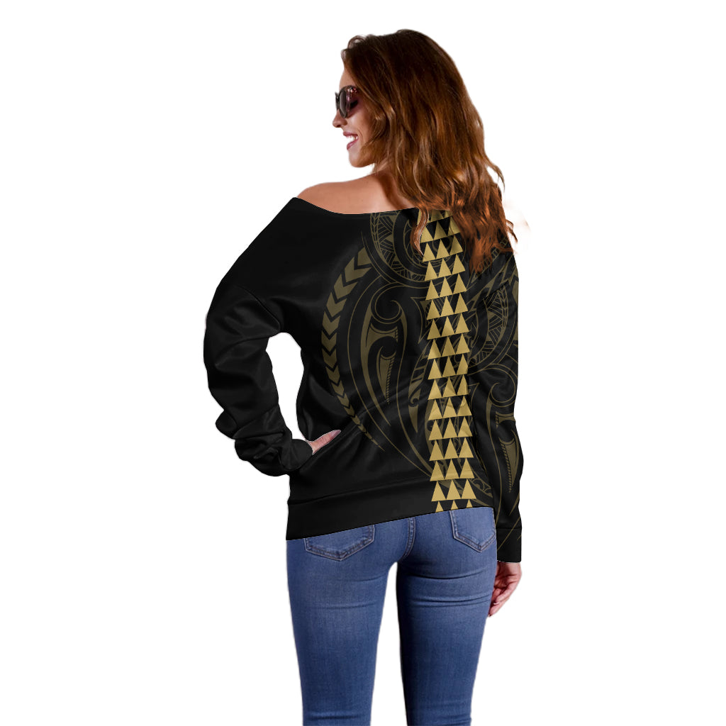 Polynesian Off Shoulder Sweater Hawaiian Warrior and Aloha Girl With Hammerhead Shark Tattoos Gold LT6 - Wonder Print Shop