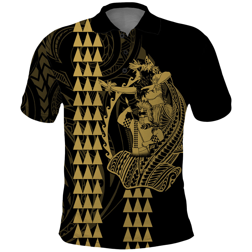 Polynesian Polo Shirt Hawaiian Warrior and Aloha Girl With Hammerhead Shark Tattoos Gold LT6 - Wonder Print Shop