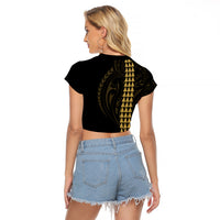 Polynesian Raglan Cropped T Shirt Hawaiian Warrior and Aloha Girl With Hammerhead Shark Tattoos Gold LT6 - Wonder Print Shop