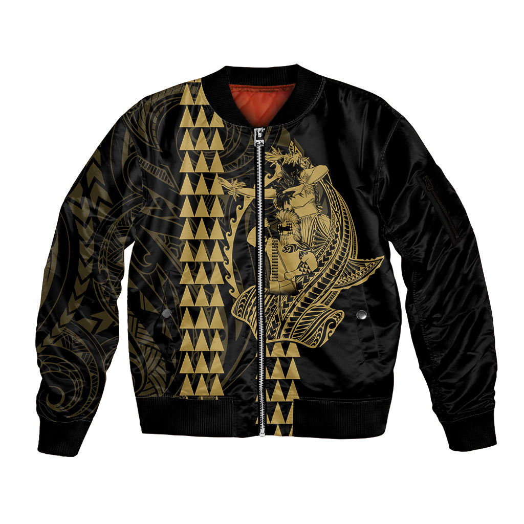 Polynesian Sleeve Zip Bomber Jacket Hawaiian Warrior and Aloha Girl With Hammerhead Shark Tattoos Gold LT6 - Wonder Print Shop