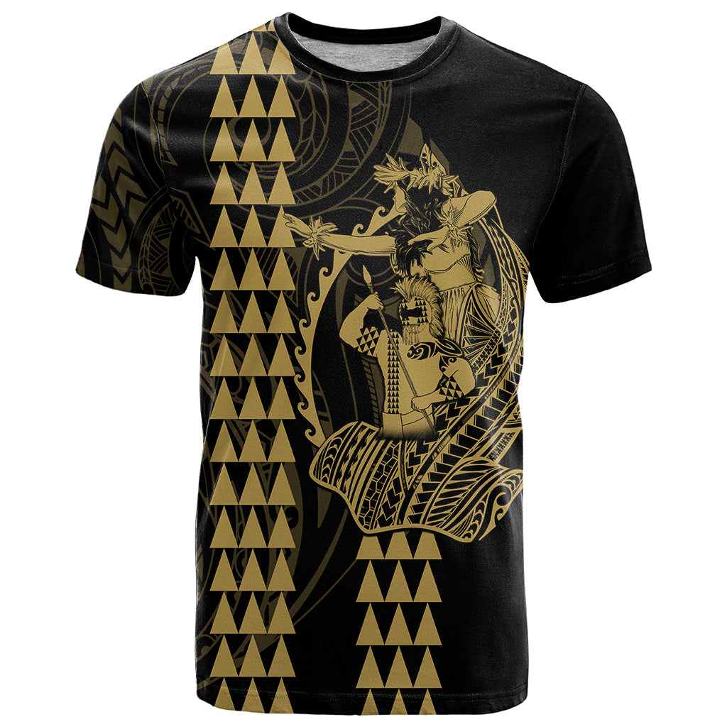 Polynesian T Shirt Hawaiian Warrior and Aloha Girl With Hammerhead Shark Tattoos Gold LT6 - Wonder Print Shop