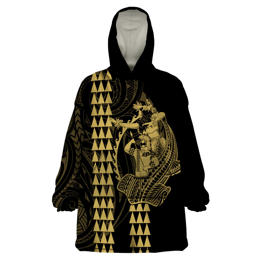 Polynesian Wearable Blanket Hoodie Hawaiian Warrior and Aloha Girl With Hammerhead Shark Tattoos Gold LT6 - Wonder Print Shop