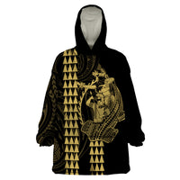 Polynesian Wearable Blanket Hoodie Hawaiian Warrior and Aloha Girl With Hammerhead Shark Tattoos Gold LT6 - Wonder Print Shop