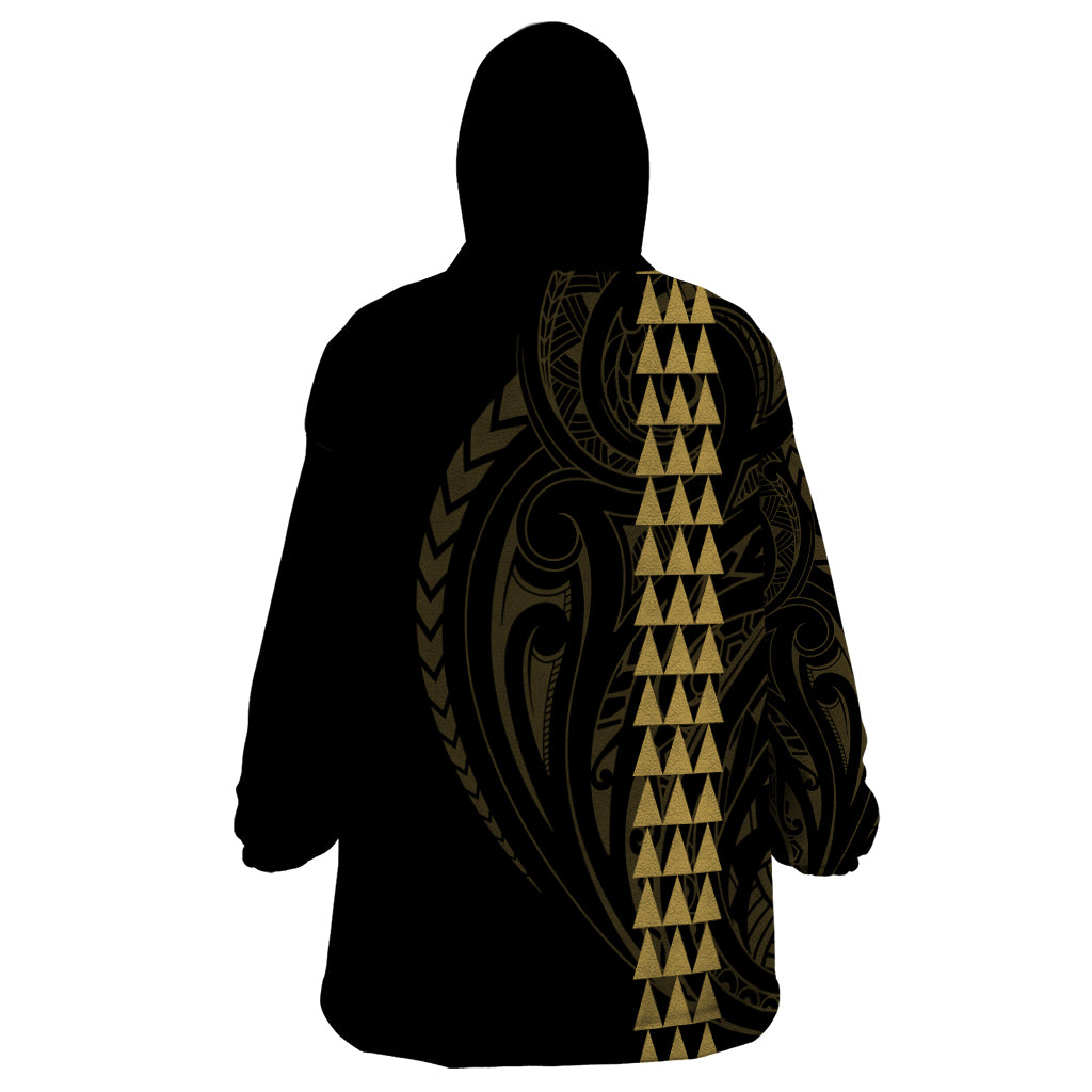 Polynesian Wearable Blanket Hoodie Hawaiian Warrior and Aloha Girl With Hammerhead Shark Tattoos Gold LT6 - Wonder Print Shop