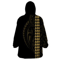 Polynesian Wearable Blanket Hoodie Hawaiian Warrior and Aloha Girl With Hammerhead Shark Tattoos Gold LT6 - Wonder Print Shop