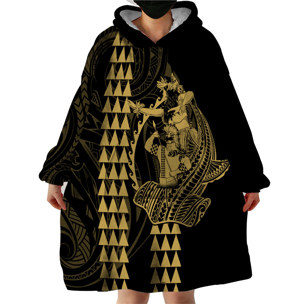 Polynesian Wearable Blanket Hoodie Hawaiian Warrior and Aloha Girl With Hammerhead Shark Tattoos Gold LT6 - Wonder Print Shop