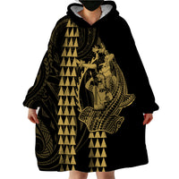 Polynesian Wearable Blanket Hoodie Hawaiian Warrior and Aloha Girl With Hammerhead Shark Tattoos Gold LT6 - Wonder Print Shop