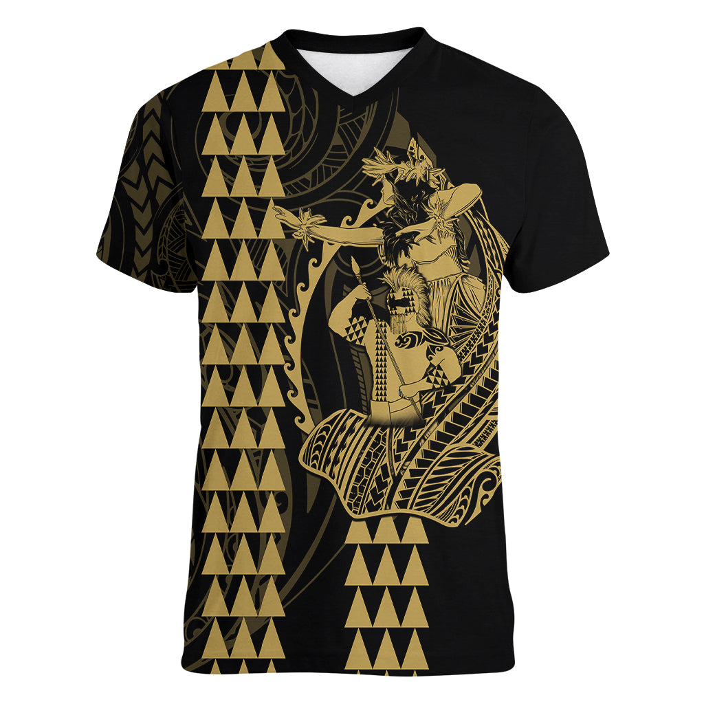 Polynesian Women V Neck T Shirt Hawaiian Warrior and Aloha Girl With Hammerhead Shark Tattoos Gold LT6 - Wonder Print Shop