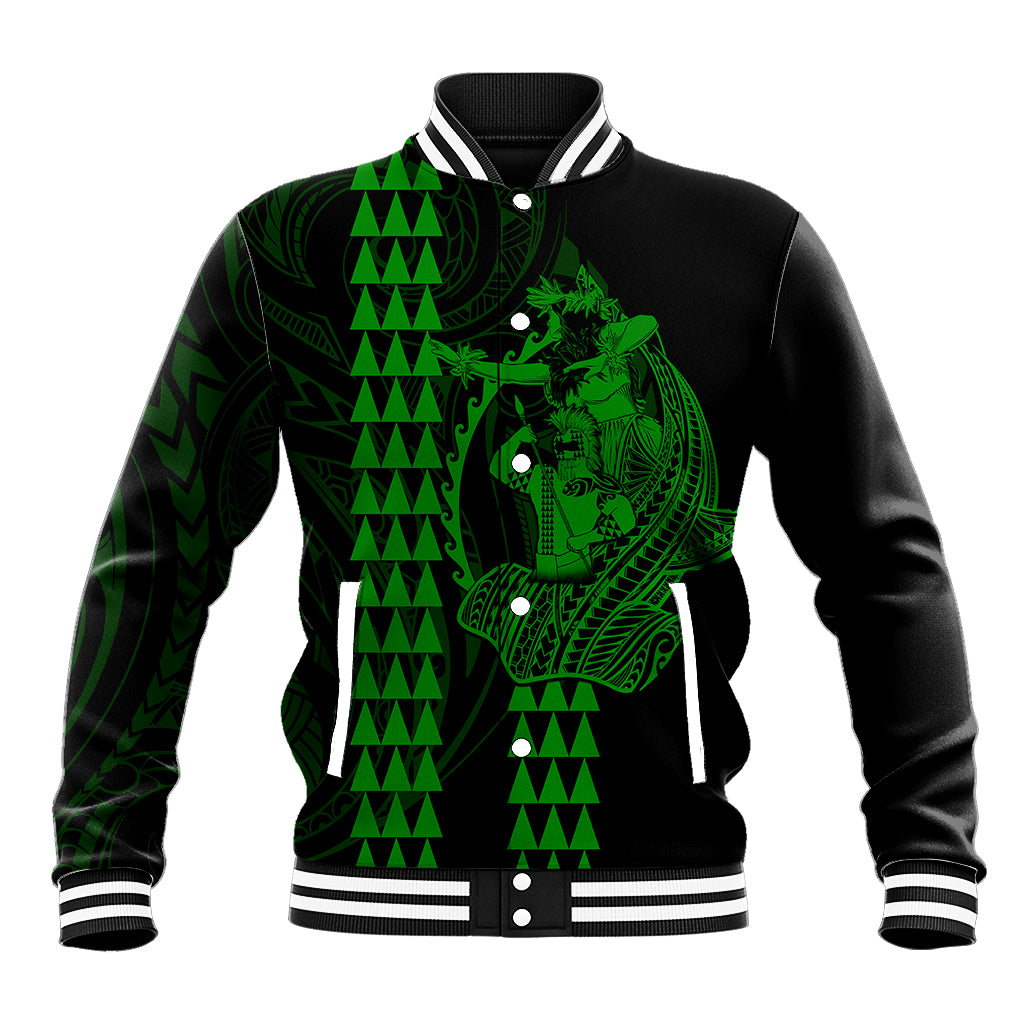 Polynesian Baseball Jacket Hawaiian Warrior and Aloha Girl With Hammerhead Shark Tattoos Green LT6 - Wonder Print Shop