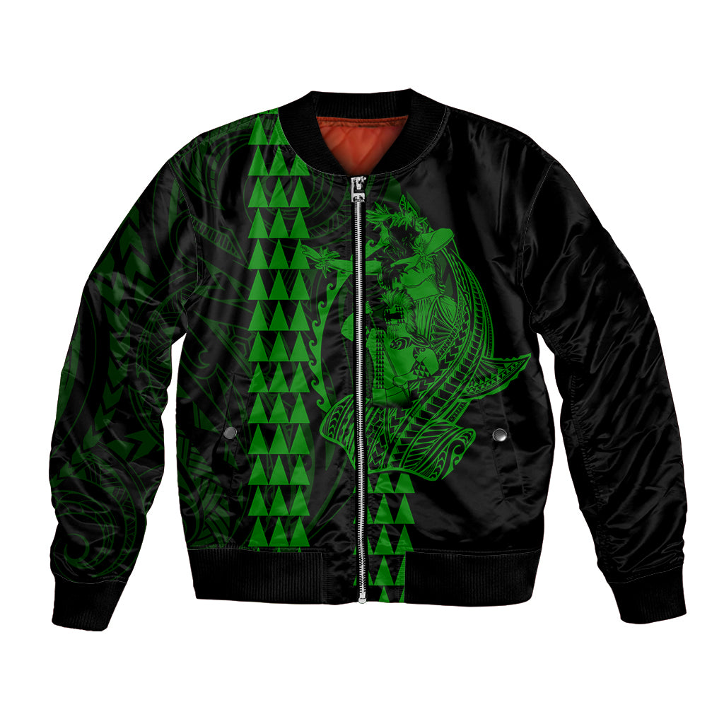Polynesian Bomber Jacket Hawaiian Warrior and Aloha Girl With Hammerhead Shark Tattoos Green LT6 - Wonder Print Shop