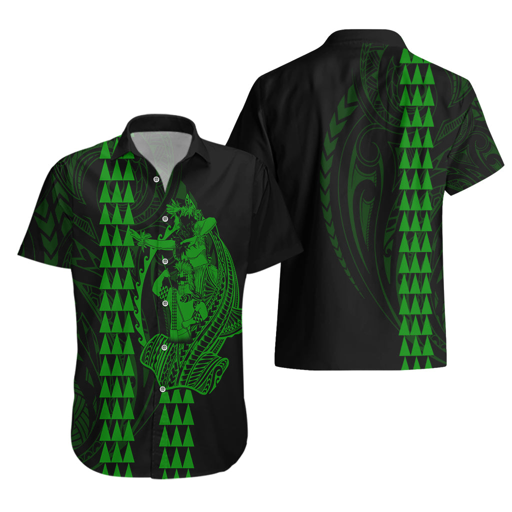 Polynesian Hawaiian Shirt Hawaiian Warrior and Aloha Girl With Hammerhead Shark Tattoos Green LT6 - Wonder Print Shop