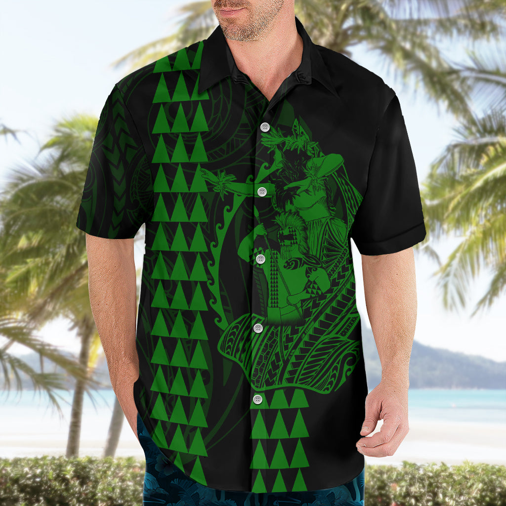 Polynesian Hawaiian Shirt Hawaiian Warrior and Aloha Girl With Hammerhead Shark Tattoos Green LT6 - Wonder Print Shop